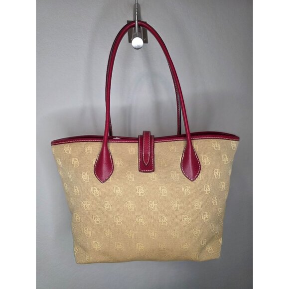 Dooney & Bourke DB Canvas Tote Bag Beige Red Leather Trim Medium - Picture 2 of 9